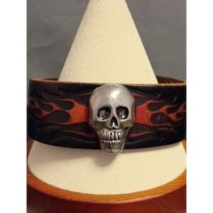 Vintage Leather Skull on Embossed Flames Cuff Bracelet Adjustable has Two Sizes